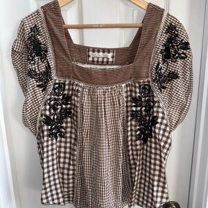 We The Free Half Moon Gingham Mixed Print Top M Cup Sleeve Brown Embroidery Chic